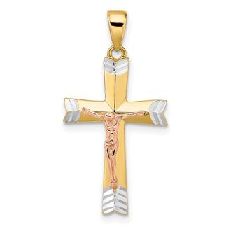 Diamond2Deal 14k Yellow Gold Yellow and Rose with White Rhodium Diamond-Cut Crucifix Pendant