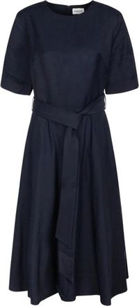 P.A.R.O.S.H. Blauwe Geriemde Uitlopende Midi Jurk - Dames - Casual kleedjes - Blauw - S - Kleedjes