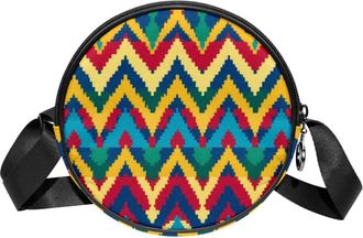 Generic Circle Crossbody Bag for Women, Ikat Ethnic Small Sling Bag Daypack with Zipper Adjustable Shoulder Straps Casual Ladies Girls Round Purse