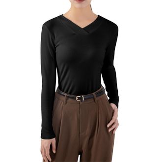 Generic Underwear Thermal Women Thermal Tops for Women Lined Shirt Long Sleeve Base Layer V Neck Long Underwear Shirt (Black, L)