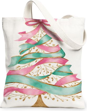 Generic Christmas Tree Canvas Tote Bags, Elegant Ribbons Floral Reusable Grocery Bags, Winter Lightweight Washable Shoulder Strap C, White, 13x15 Inch