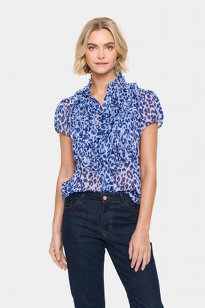 Saint Tropez R&uuml;schenbluse SAINT TROPEZ LiljaSZ Crinkle SS Shirt, Damen, Gr. L, blau (hydrangea midnight leopard), Web, Obermaterial: 100% Polyester, animal-print, 