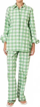 Rosie Assoulin Picnic Embroidered Gingham Oversized Button Down Shirt In Grass Green