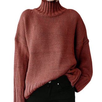 Generic Cotton Roll Neck Tops for Women Jumpers UK Casual Turtleneck Long Sleeved Solid Color Knit Pullover Oversized Jumper (Red, XL)