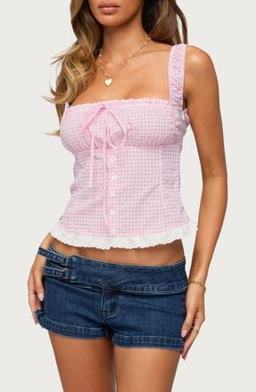 Edikted Zeffie Gingham Corset Tank in Pink-And-White at Nordstrom, Size X-Large