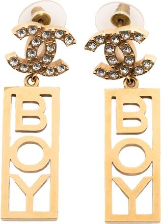 Chanel Boy CC Gold Plated And Rhinestone Earrings 5cms