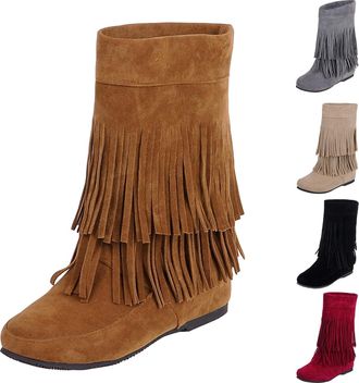 Generic Womens Cowboys Boots Fringe Cowboy Boots For Women Chunky Sole Tassel Boot Western Country Booties Mid High Suede Bootie For Ladies Mid Wide Calf Cowg