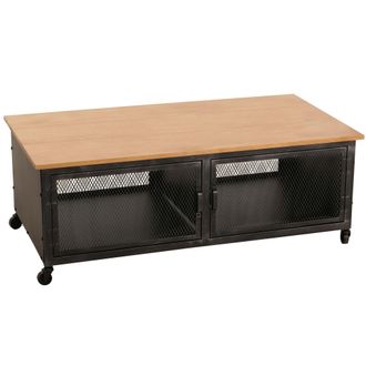 Hhg [nunca Usado] Mesa De Centro Hhg-030, Mesa De Sof&aacute;, Ruedas 2 Compartimentos, Estructura 3d Retro Industrial Metal Madera 45x120x60cm, Negro, Natural