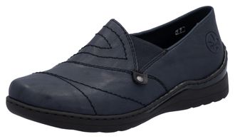 Rieker Slipper RIEKER, Damen, Gr. 38, blau (nachtblau), Lederimitat, unifarben, Schuhe Slipper, Schlupfschuh, Halbschuh, Slip on mit Stretcheinsatz und Ziers