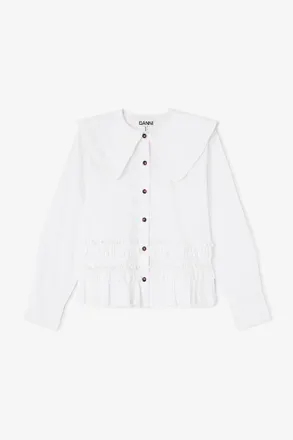 Ganni White Stretch Cotton Ruffle Shirt - Size 34 Organic