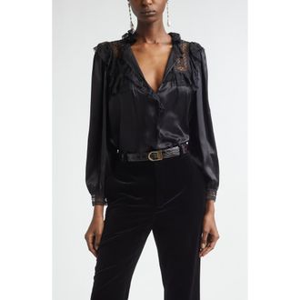 Saint Laurent Lace Trim Silk Charmeuse Top in Nero at Nordstrom, Size 10 Us
