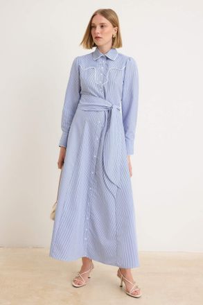 Trendyol Modest Dames Blauw Gestreept Maxi Lang Skater Modest Jurken