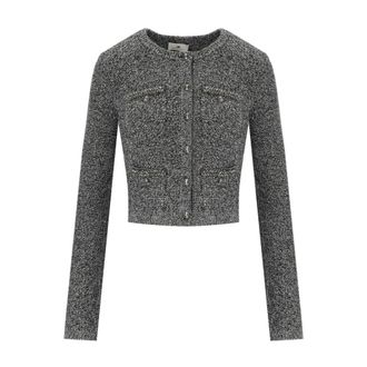 Elisabetta Franchi Cardigans, female, Gray, Size: M Gray Bouclé Wool Cardigan with Rhinestone Details