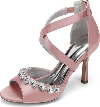 Generic Womens Rhinestone Satin Bridal Stiletto Sandals Dress Wedding Heel Formal Evening Shoes 9.5Cm,Nude Pink,10 UK