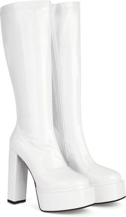 Generic Womens Knee-High Platform Boots Chunky Block Heels Patent Upper Side Zipper Round Toe Bold Silhouette Soft Lining Cushioned Insole Durable Outsole,Whi