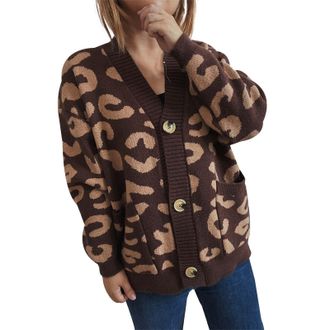 Generic Womens Loose Casual Leopard Print Breasted Long Sleeve V Neck Knit Sweater Cardigan Linen Sweater Women (Brown, L)