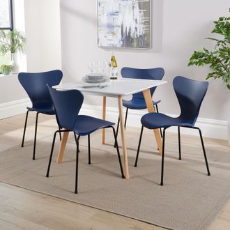 Home Source Industries Trinity Table & 4 Penny Chairs Dining Set White Top Wooden Legs in Navy