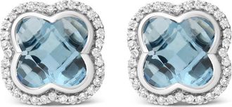 House of Brilliance 18K White Gold 3/8 Cttw Diamond and 11x11mm Clover-Cut London Blue Topaz Gemstone Halo Clover Stud Earrings (G-H Color, SI1-SI2 Clarity)