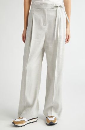 Eleventy Pleated Tie Waist Linen & Wool Wide Leg Pants in Light Melange Grey at Nordstrom, Size 00 Us