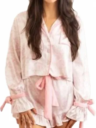 8 Oak Lane Lane Satin Ruffle Pajama Short Set In Pink Bow Toile