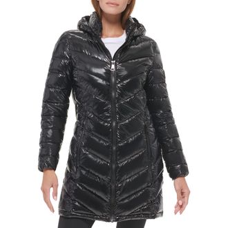 Calvin Klein Womens Chevron Quilting Casual Lightweight Jacket Down Coat, Shiny Black, M
