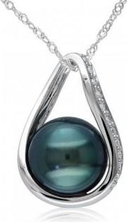 Allurez Black Tahitian Pearl Necklace w/ diamond accents 14k W. Gold 8.5-9mm