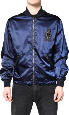 Dolce & Gabbana Mens Blue Nylon Dg Crown Full Zip Bomber Jacket Clothing