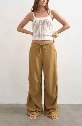 Topshop Wide Leg Linen & Cotton Utility Pants in Tan at Nordstrom, Size 10