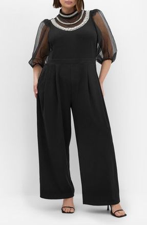 City Chic Phoenix Embellished Sheer Panel Jumpsuit in Black at Nordstrom
