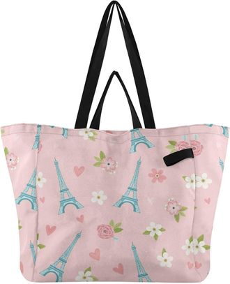 Generic Pink Paris Eiffel Tower pattern Reusable Canvas Tote Bag, Heavy Duty Grocery Shopping Bag with Double Handles Hard Bottom Large Capacity Work Grocerie
