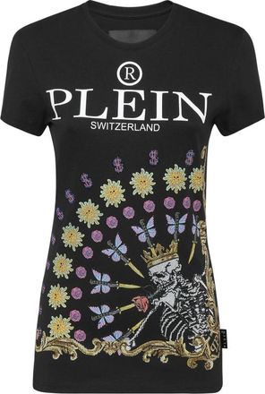 Philipp Plein Flower Skull T-Shirt - Dames - T-shirts - Zwart - XS - Katoen - Tops