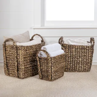 Happimess Clara Farmhouse Classic Handwoven Hyacinth Rectangle Storage Floor Baskets with Handles (Set of 3)