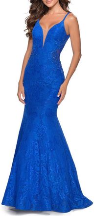 La Femme Long Mermaid Lace Dress with Back Rhinestone Detail in Electric Blue at Nordstrom, Size 00