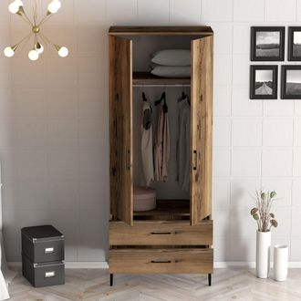 Dmora Guardarropa 2 Puertas Paolina, Armario Dormitorio 1 Estante, 2 Cajones, Perchero, 80x201h Cm Marr&oacute;n Nogal