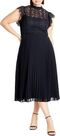 City Chic Livia Lace Yoke Sleeveless Fit & Flare Dress in Navy at Nordstrom Rack, Size L/20W