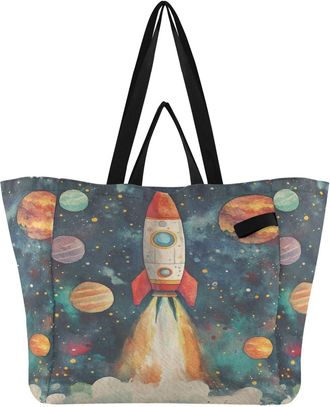 Generic Planet Teal pattern Reusable Canvas Tote Bag, Heavy Duty Grocery Shopping Bag with Large Capacity Double Handles Hard Bottom Work Groceries Travel