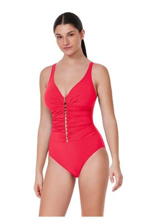 Gottex Tutti Frutti D-Cup V-Neck Gold Beaded One Piece in Coral at Nordstrom, Size 12
