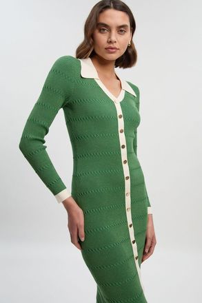 Karen Millen Womens Petite Viscose Rib Stitch Detail Contrast Colour Button Knit Midi Dress - Green - Size X-Small