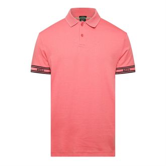 HUGO BOSS Mens Zone Stripe Cuff Polo Shirt in Pink Cotton - Size X-Large