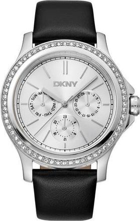 DKNY Crystal Bezel Leather Strap Watch, 38mm in Black at Nordstrom Rack
