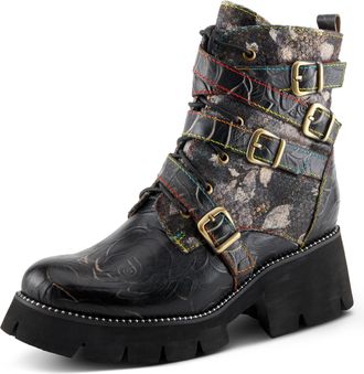 L'Artiste by Spring Step Arce Womens Floral Bootie - Artistic Handpainted Upper, Rugged Lug Sole, Adjustable Fit, Black Multi, 7 UK