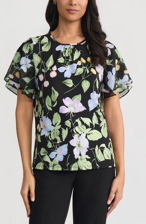 Kasper Floral Print Flutter Sleeve Mixed Media Top in Black Multi at Nordstrom, Size X-Large