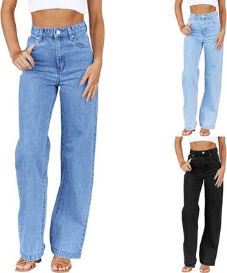 Generic High Waisted Jean for Women UK Casual Baggy Straight Leg Denim Pants with Pockets Womens High Waisted Jeans Ladies Jeans Size 18