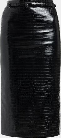 Tom Ford Exotic Croco Embossed Leather Midi Skirt With Belt