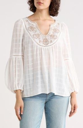 Max Studio Embroidered Long Sleeve Cotton Top in White/Neutral at Nordstrom Rack, Size X-Large