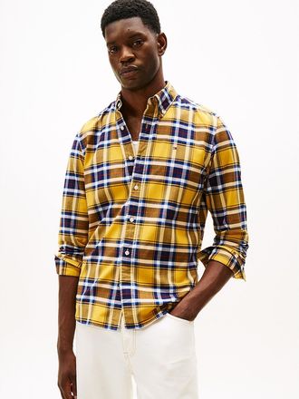 Tommy Hilfiger Mens Regular Fit Plaid Stretch Oxford Shirt - Yellow - XS