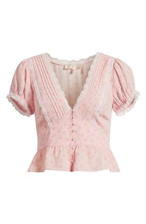 LoveShackFancy Bondy Ditsy Floral Lace Trim Button-Up Peplum Top in Calico Peach at Nordstrom, Size 10