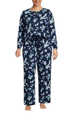 Lands End Petite Knit 2 Piece Pajama Set - Long Sleeve Top and Pants in Deep Sea Navy Painterly Floral at Nordstrom, Size 2X