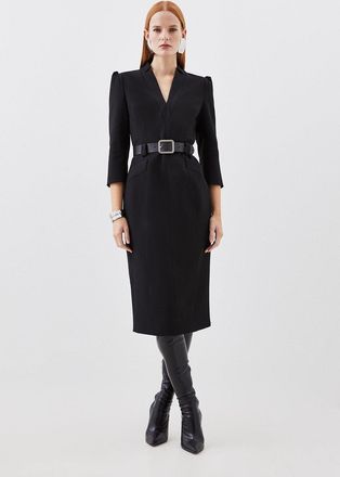 Karen Millen Womens Compact Stretch Tailored Forever Belted Midi Dress - Black - Size 6 UK