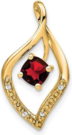 Diamond2Deal 14k Yellow Gold 5mm Cushion Garnet and Diamond Leaf Chain Slide Pendant